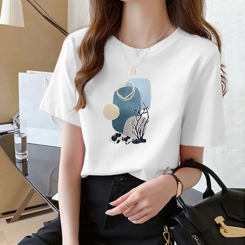 Preto de Manga Curta T-shirt das Mulheres de Algodão Meia Manga de Impressão Superior Branco Novo Frouxo em torno do Pescoço T Ins de Vestuário de Moda