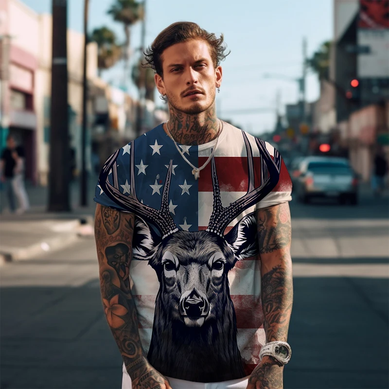 Bandeira americana e o Veado 3D Impresso T -shirt Solto e Casual T -shirts de Verão de Homens de Rua de manga Curta T -shirt Oversized T -shirt