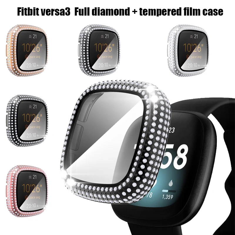 PC da caixa do Diamante + Protetor de Tela para o Fitbit Versa3/Sentido Luxo Tampa de Proteção Com Vidro Temperado de Smart Watch Shell