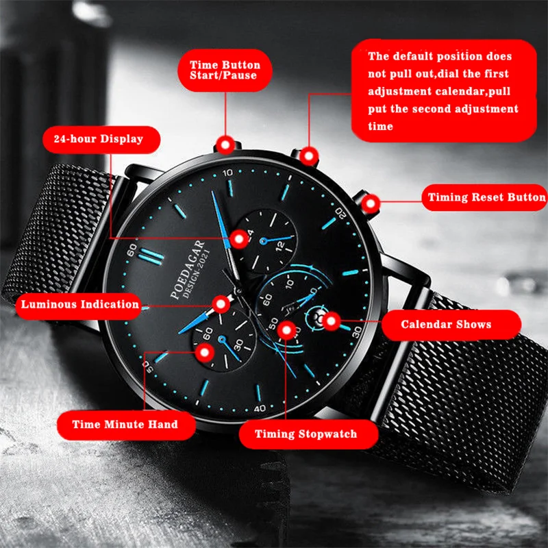 Sdotter Poedagar Ultra Fino Cinto de Malha de Mens Relógios de Desporto Cronógrafo Impermeável Luminoso do Relógio para Homens de alto Luxo Quartzo Wristw