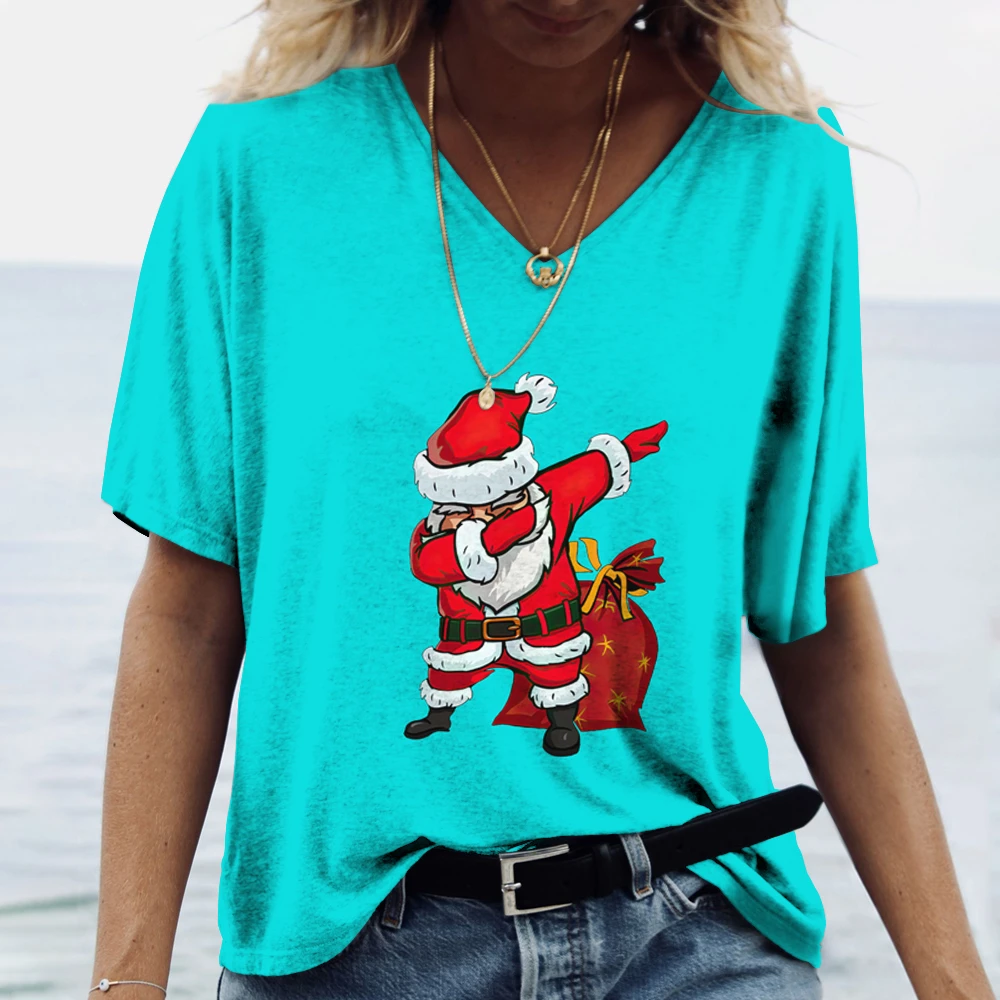 2023 Mulheres de Topo da T-shirt Papai Noel a Impressão 3D de Manga Curta Casual feminina com decote em V Manga Curta Plus Size Diversão de Estilo de Natal