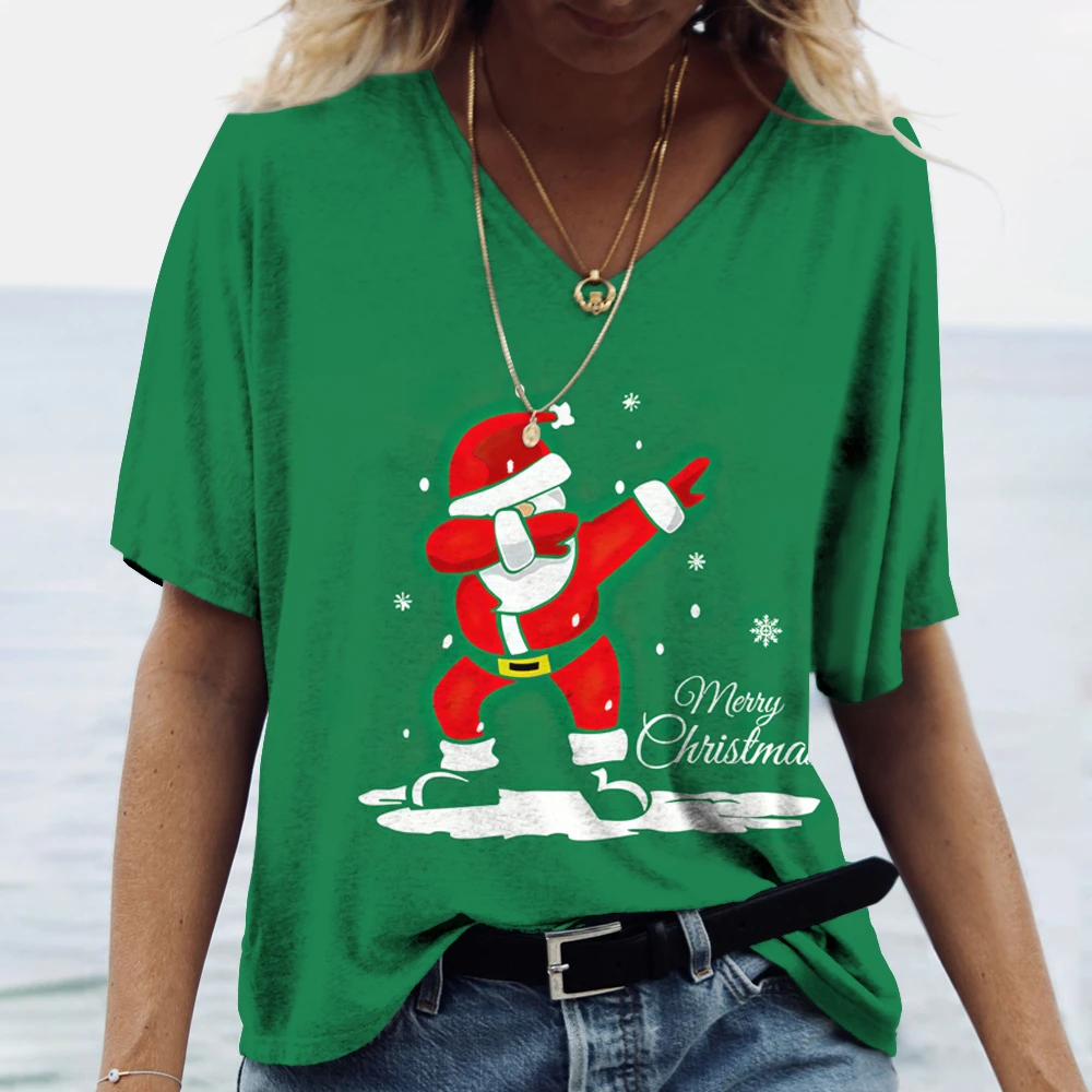 2023 Mulheres de Topo da T-shirt Papai Noel a Impressão 3D de Manga Curta Casual feminina com decote em V Manga Curta Plus Size Diversão de Estilo de Natal