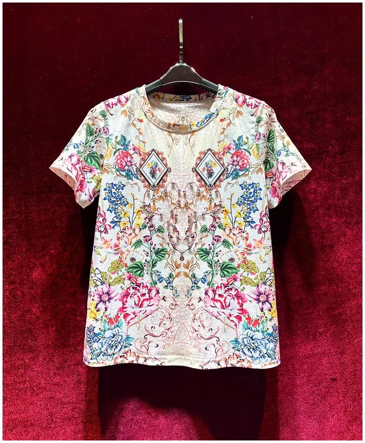 QQ6350 Moda Tops da mulher & Tees 2023 Luxo famosa Marca de Design Europeu Curto de festa de Impressão estilo de T-Shirts de Roupas femininas