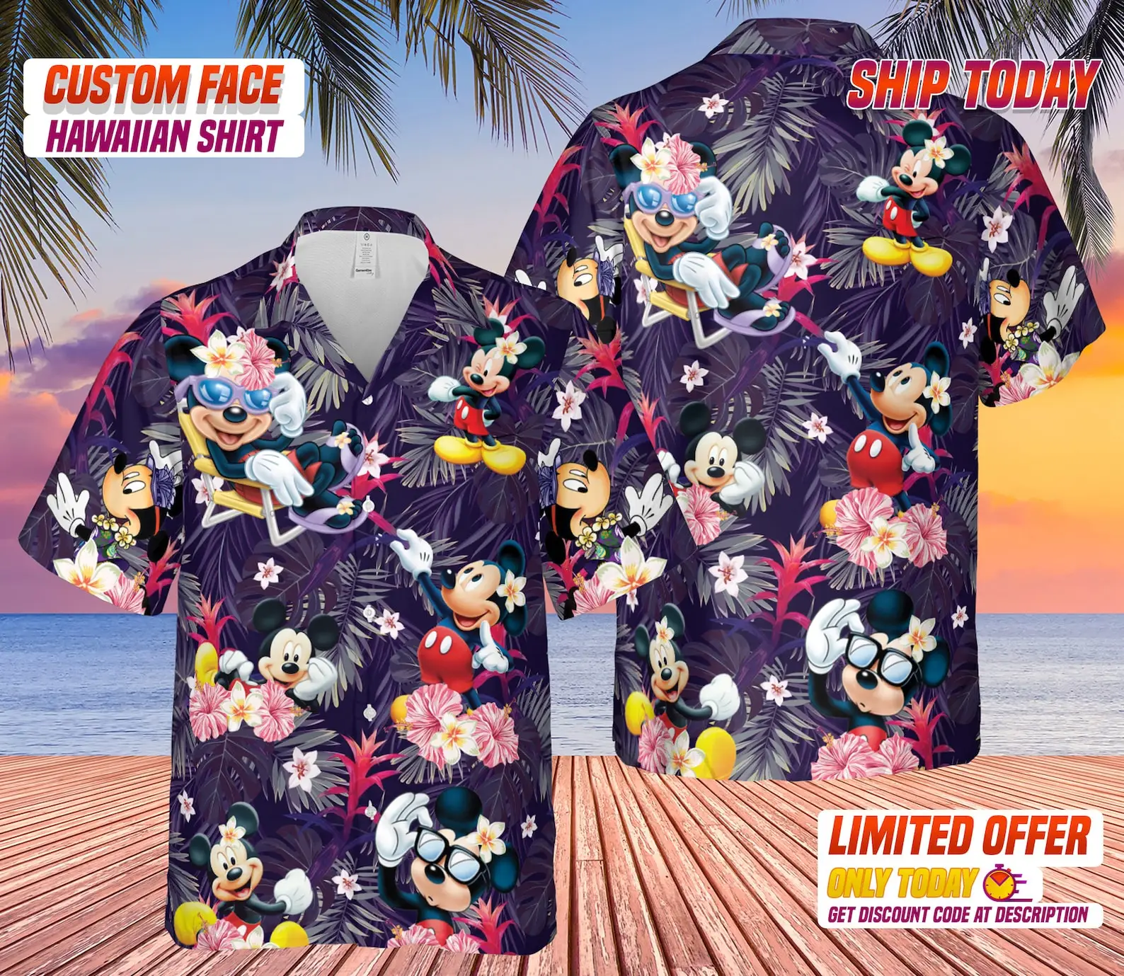 2023 New Mickey Mouse Camisa Havaiana Moda Homens Botão De Camisa Disney Tropical, Floral, Camisa Havaiana Respirável Praia Camisa