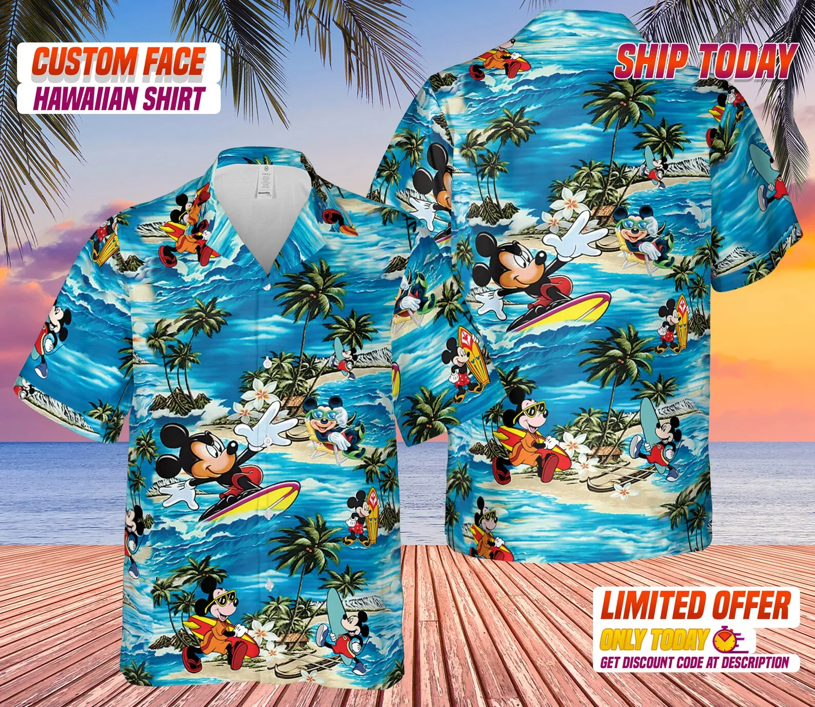 2023 New Mickey Mouse Camisa Havaiana Moda Homens Botão De Camisa Disney Tropical, Floral, Camisa Havaiana Respirável Praia Camisa