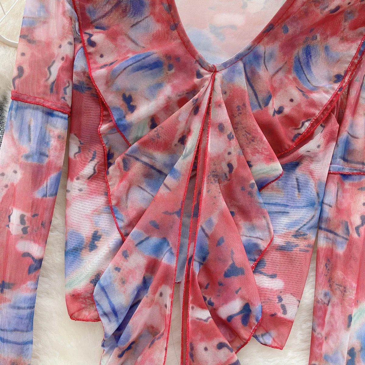 Vintage Elegante Tie Dye Impressão de Manga Longa Blusa de Moda com decote em V da Camisa Casual Chic Gaze Crop Top de Fadas de Verão as Mulheres