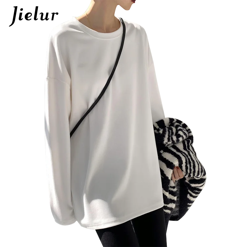 Preto Branco T-shirt Mulher Manga comprida Moda Simples Solta O pescoço de Cor Sólida Tempo Superior Primavera, Outono Unisex T-Shirts S-XL