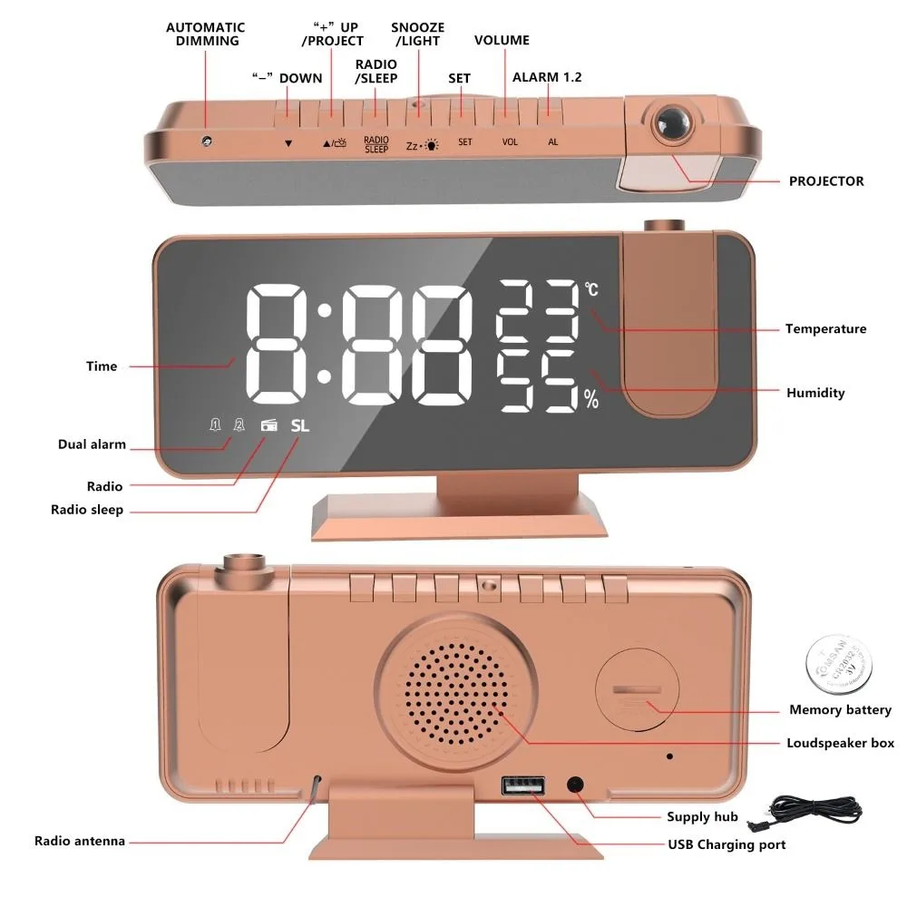 com Temperatura e Umidade de Exibição de Projeção Relógio Despertador com Rádio FM Auto-off, Relógio Digital do Ouro de Rosa 7.3