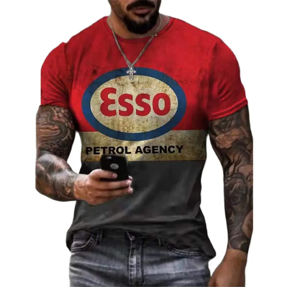 2024 Nova T-shirt masculina 3D Short Sleeve Top Retrô Motociclismo T-shirt Mais o Tamanho de T-shirt Roupas masculinas Esso Topo
