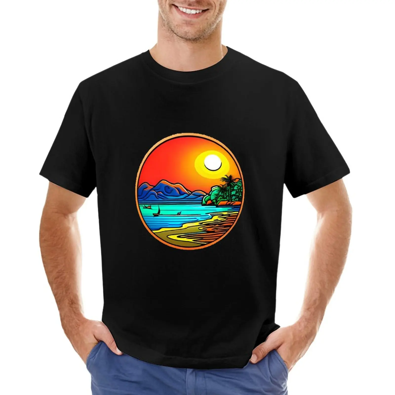 luz quente do sol de noite lago T-Shirt de grandes dimensões t-shirts gato camisas de mens de manga comprida t-shirts