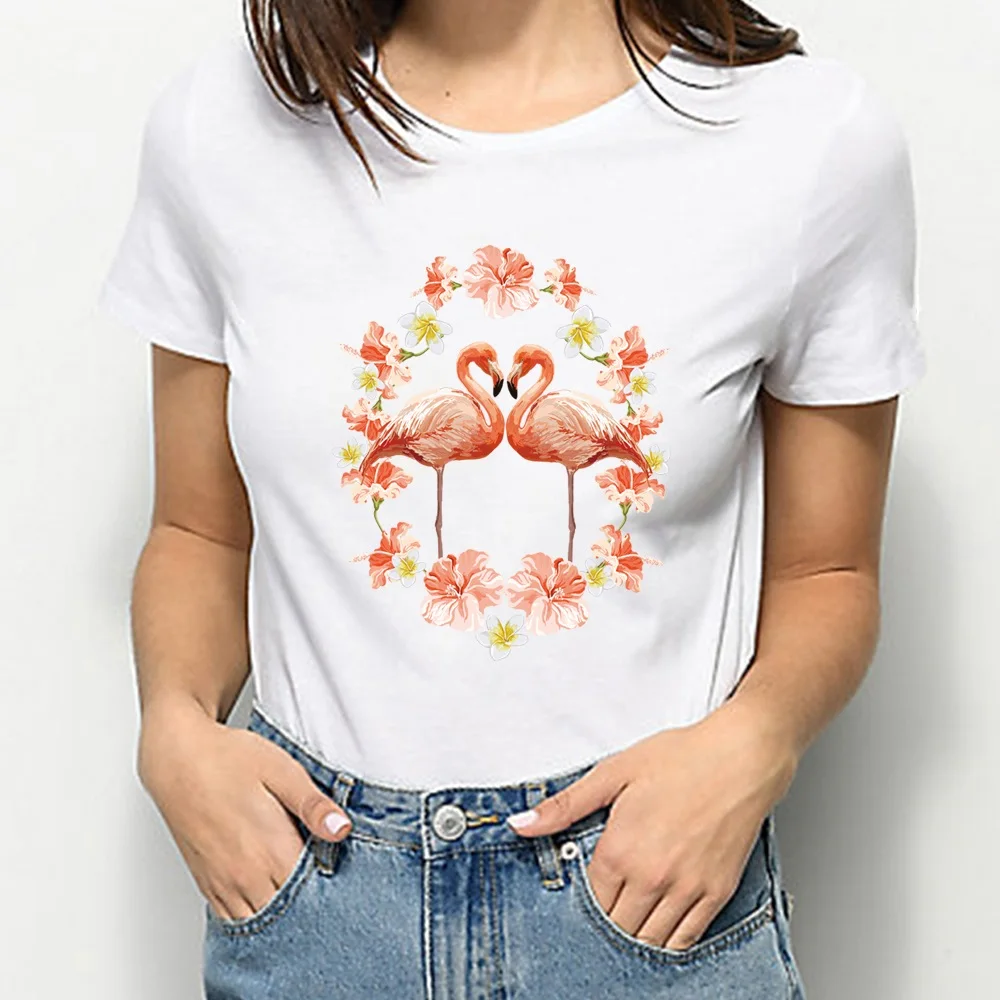Verão Mulheres Novas Camisas Slim Fit Manga Curta Moda O Colarinho Básica Camiseta flamingo Série Padrão Suave Respirável Pulôver
