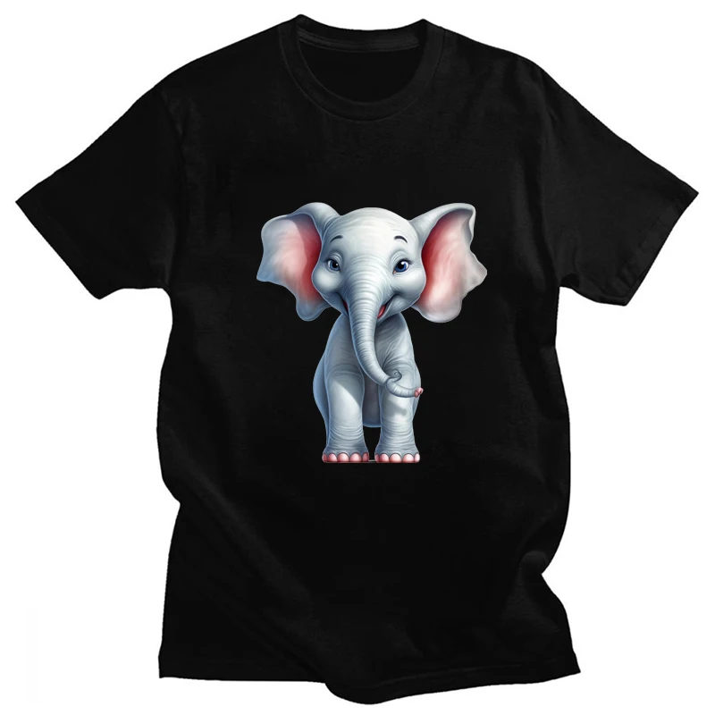 Venda quente do Animal Bonito Elefante Impresso Meninas' Manga Curta em Algodão Puro, T-shirt Estética Tops Kawaii Roupas