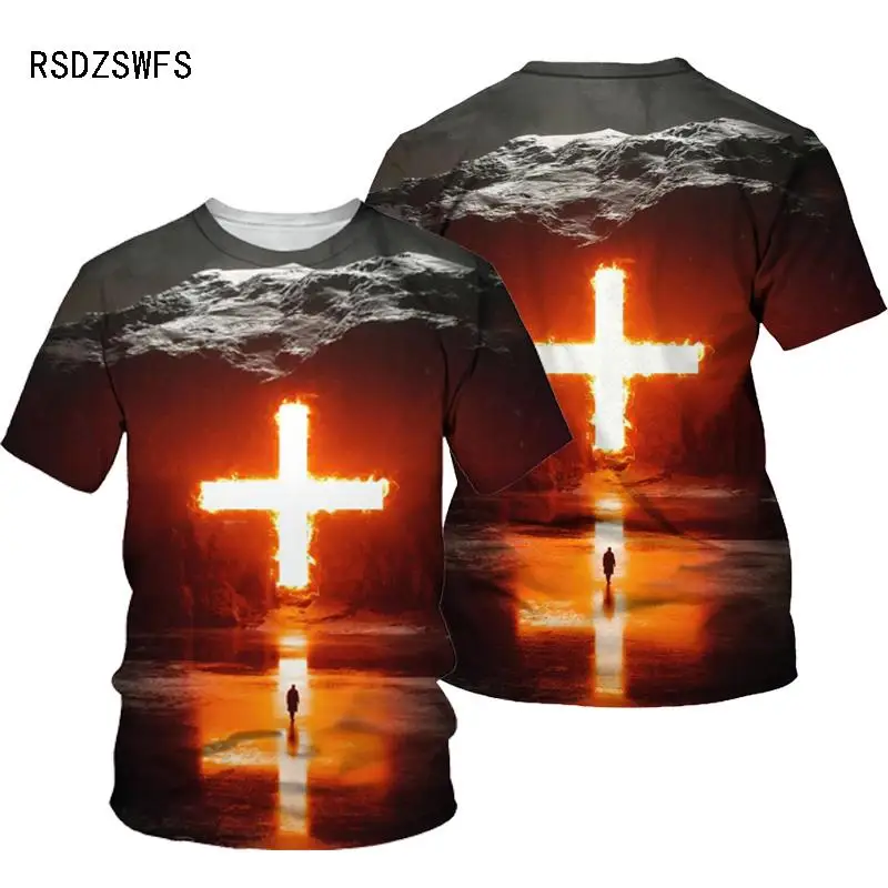 3D Cruz de Impressão Homens T-shirt Jesus 2021 Verão O Pescoço de Manga Curta, Camisetas, Tops Estilo Cristão do sexo Masculino Roupas de Moda Casual T-shirt