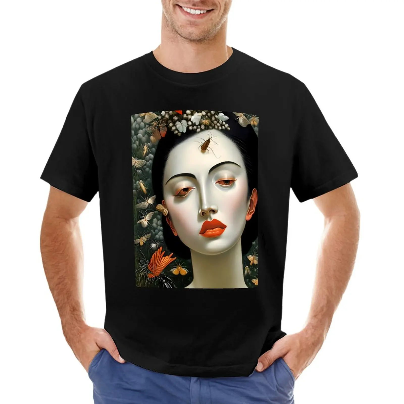 Bugs e a Beleza - Uma Pintura Surrealista de uma Mulher com Pele de Porcelana e Intrincados Insetos T-Shirt
