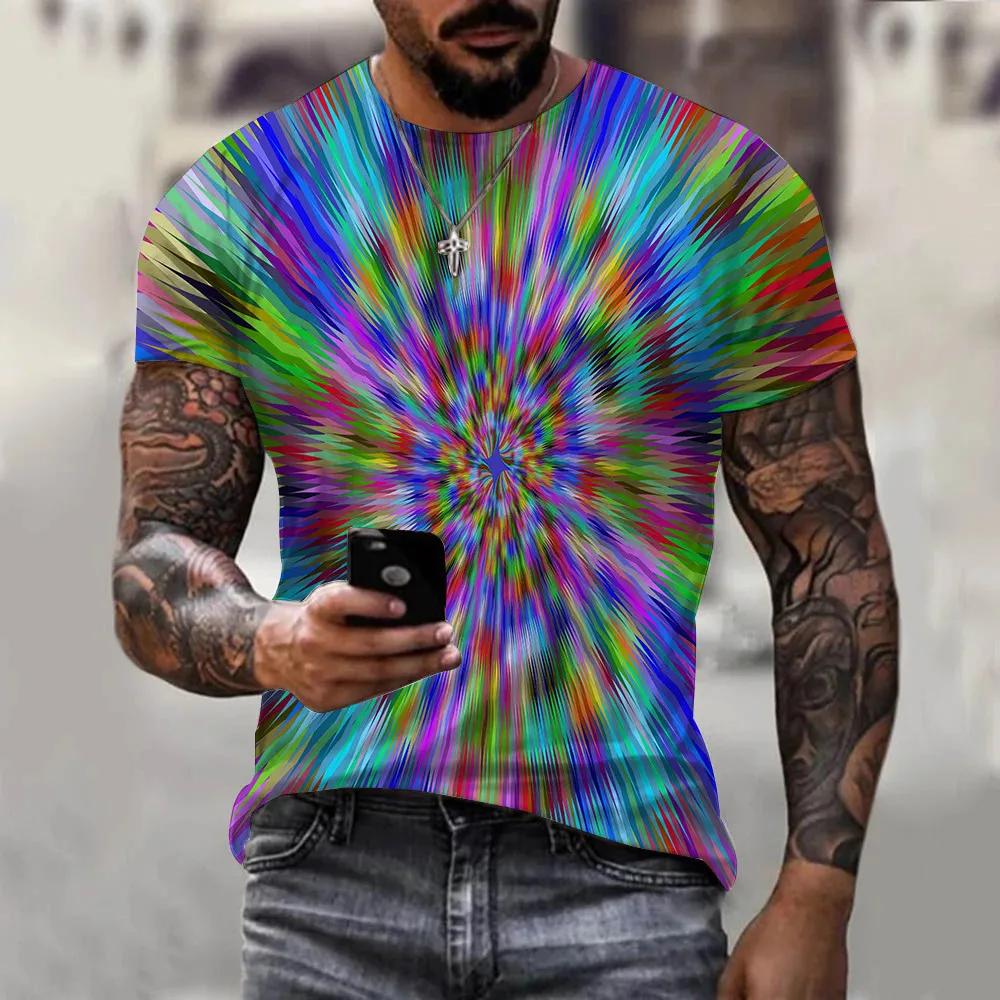 Verão Psicodélico Tshirt Moda masculina Colorido Ilusão Gráfico T-shirt de Impressão 3D Mulher T-shirts Oversize Mens Roupas Tees Y2k