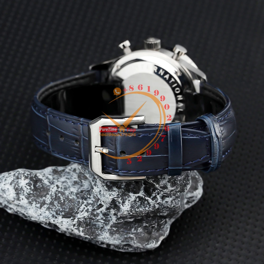 371605 Miyota Quartz Chronograph Mens Watch Aço Mostrador Branco Azul Marcadores De Couro Clone Relógios 2023 Luxo Marca De Topo Do Cronômetro