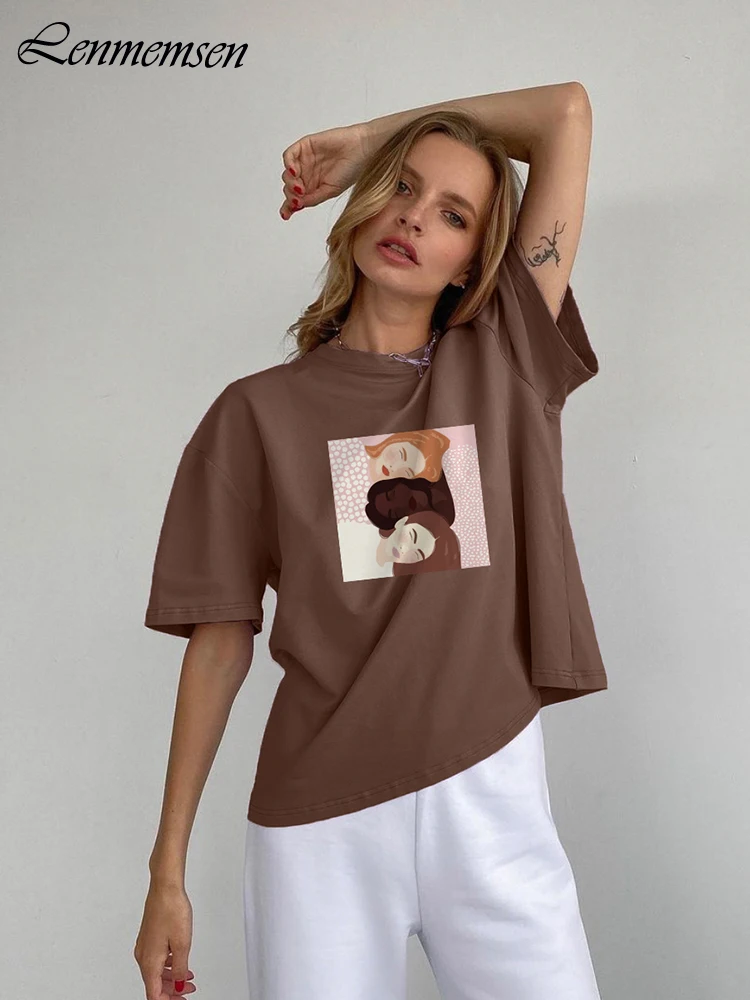 Lenmemsen Estética Elegante Impresso T-shirts Mulheres de Verão de grandes dimensões de Algodão de Manga Curta, Camisetas Casuais Solta Streetwear Feminino Tops