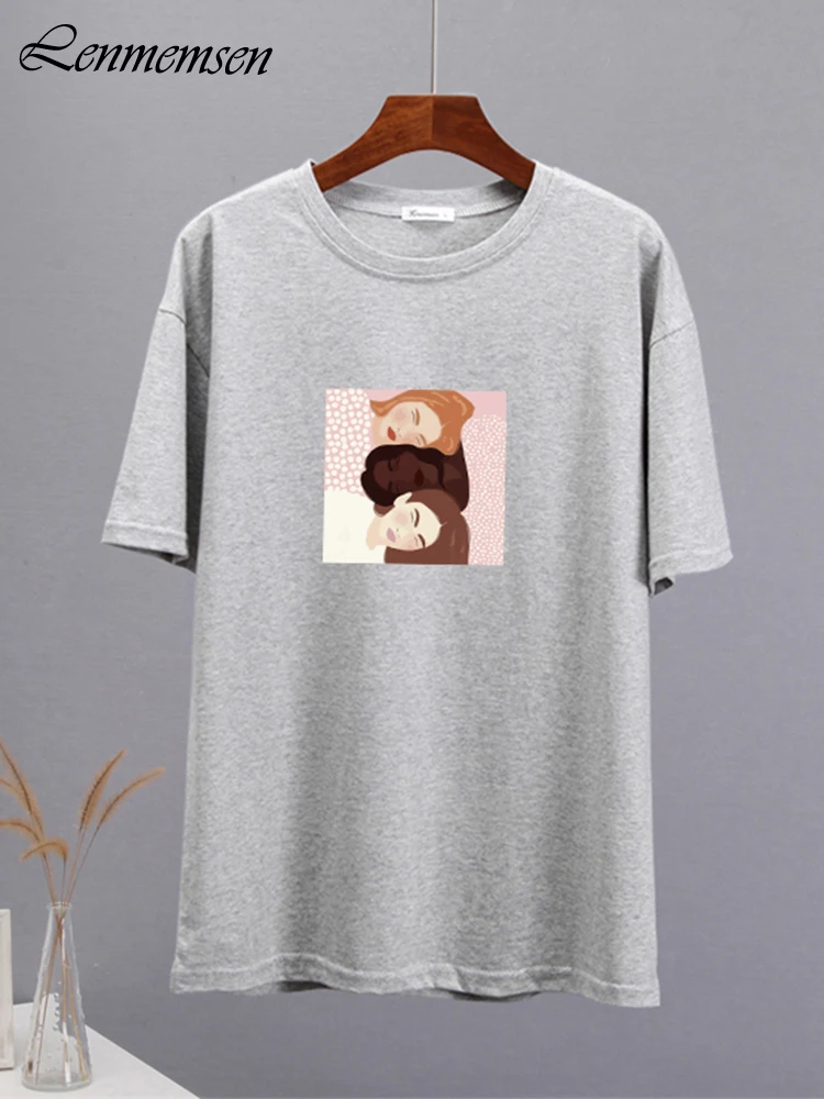 Lenmemsen Estética Elegante Impresso T-shirts Mulheres de Verão de grandes dimensões de Algodão de Manga Curta, Camisetas Casuais Solta Streetwear Feminino Tops