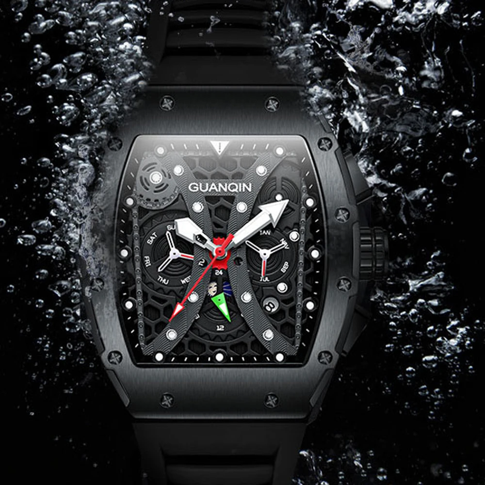 GUANQIN 2023 Nova Mens Relógios Automáticos Mecânicos Para Ver os Homens Turbilhão Impermeável Esportes Pulseira de Borracha Sapphire Reloj Hombre