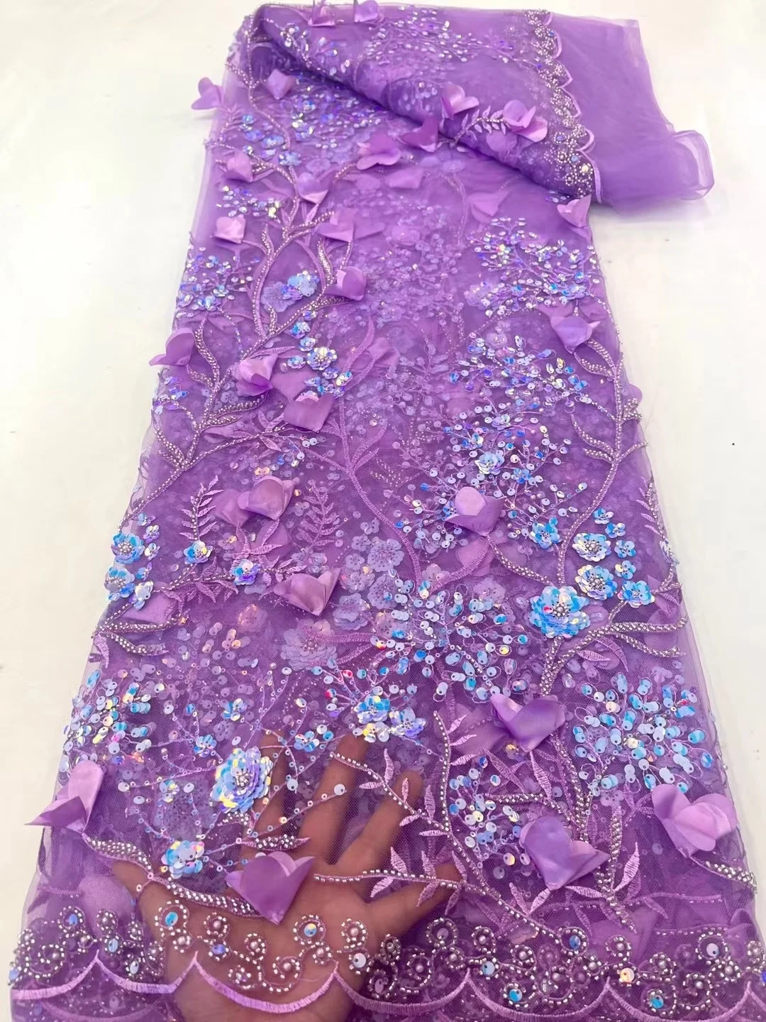 3D Renda Bordada Tecido Vestido de Festa de Casamento as Mulheres Nigéria Applique Malha Frisado Africana de Tule de Alta Qualidade de Cetim francês Net