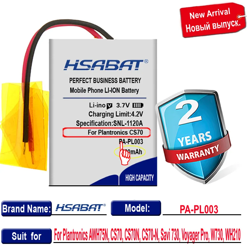 HSABAT 0 Ciclo de PA-PL003 Bateria para Plantronics AWH75N, CS70, CS70N, CS70-N, Savi, 730, Voyager Pro, W730, WH210 Acumulador