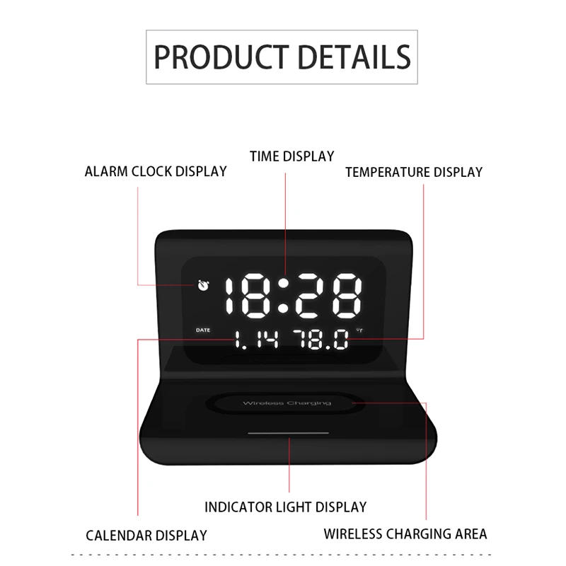 Carregador sem fio do Alarme de Relógio LED Smart Relógio Digital de Mesa Eletrônica, Relógios com Temperatura USB de 10W Carga Rápida-Tipo C
