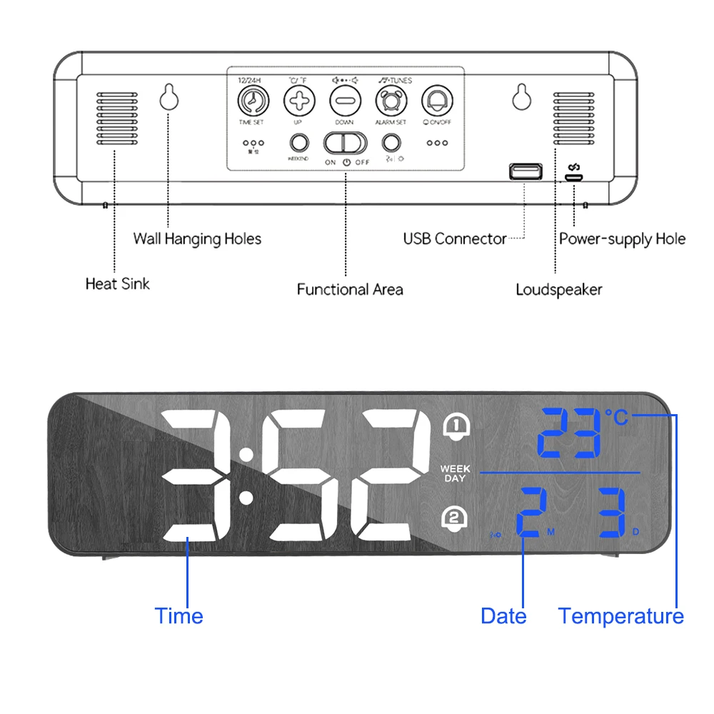 Tempo de espera de Repetição Relógio Despertador Digital de Temperatura Exibição de Data Música DIODO emissor de luz Eletrônica Espelho Relógio com Controle de Voz