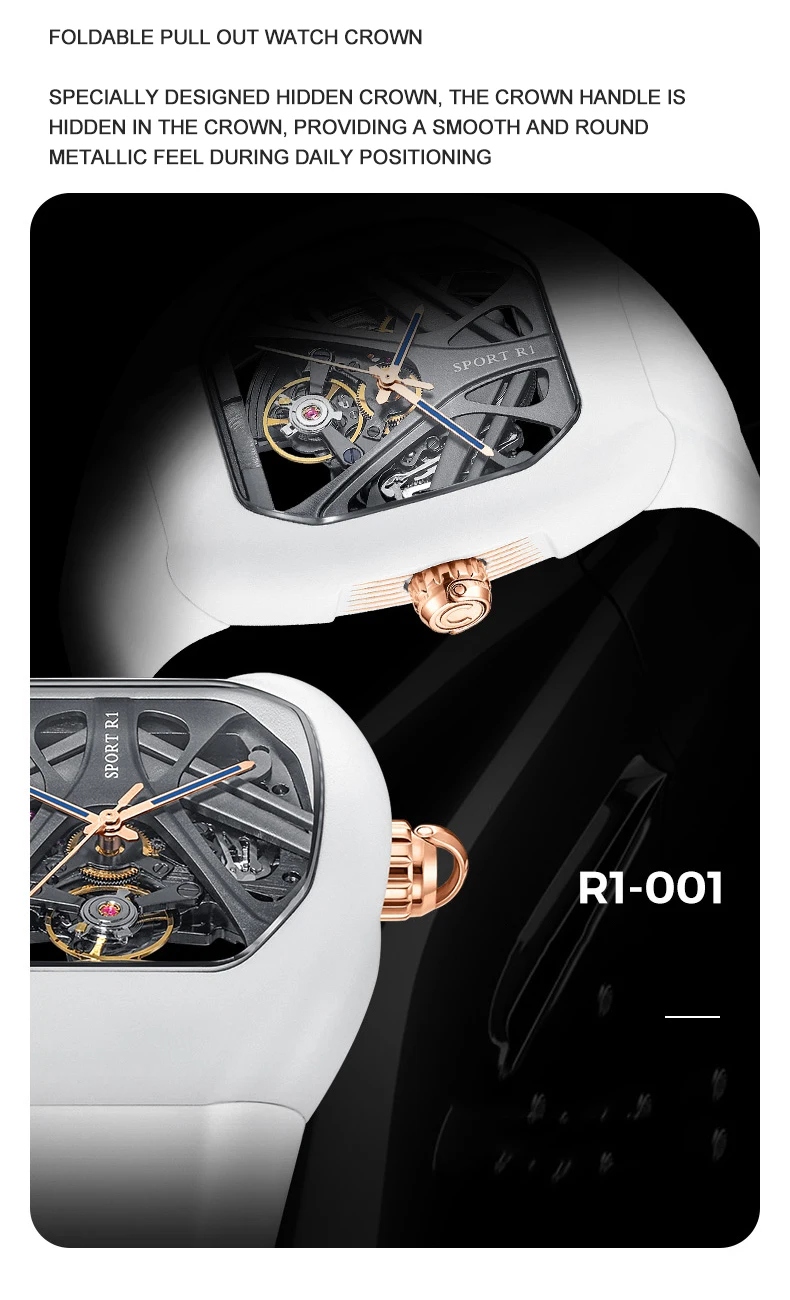 CRONUSART Homens Relógio Automático Luxo Tonneau relógio de Pulso Mecânico Luminosa Fluororubber Alça Dobrável Coroa Ocultos Lidar com