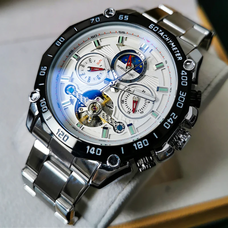 AOKULASIC Mecânico Automático Mens Relógios de Marca de Topo Multi-funcional de Relógio de Aço Homens Waterproof o Luxo Lua Relogios Masculino