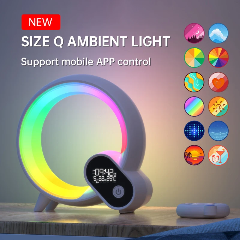 Criativo Q Atmosfera Colorida de Luz do alto-Falante Bluetooth RGB Lâmpada de Mesa com Ruído Branco Digital Nascer do sol Despertar Luz de despertar Relógio Despertador
