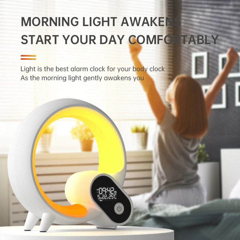 Criativo Q Atmosfera Colorida de Luz do alto-Falante Bluetooth RGB Lâmpada de Mesa com Ruído Branco Digital Nascer do sol Despertar Luz de despertar Relógio Despertador