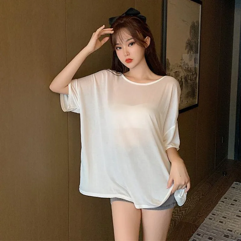 M-3XL Solto T-shirts Mulheres Ins Fina de Verão Elegante Estilo coreano Beading Transparente Macio de Design de Todos-correspondência de Sol-a prova da Moda Tops