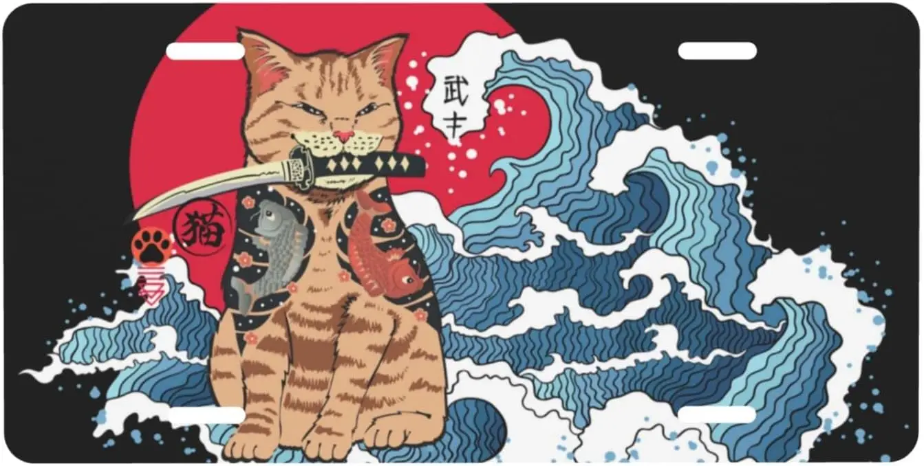 Anime Samurai Gato Sol Vermelho e Oceano Onda de Alumínio Placa Decorativa Carro da Frente da Placa de Licença Cubra com 4 Furos de Carro de Marca