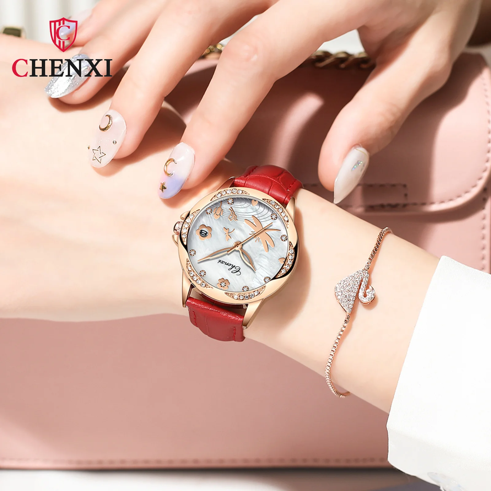 Chenxi 312 Quente Novas Mulheres Da Moda Impermeável Relógios De Quartzo, Diamantes Calendário Do Ouro De Rosa Do Relógio Relogios Feminino