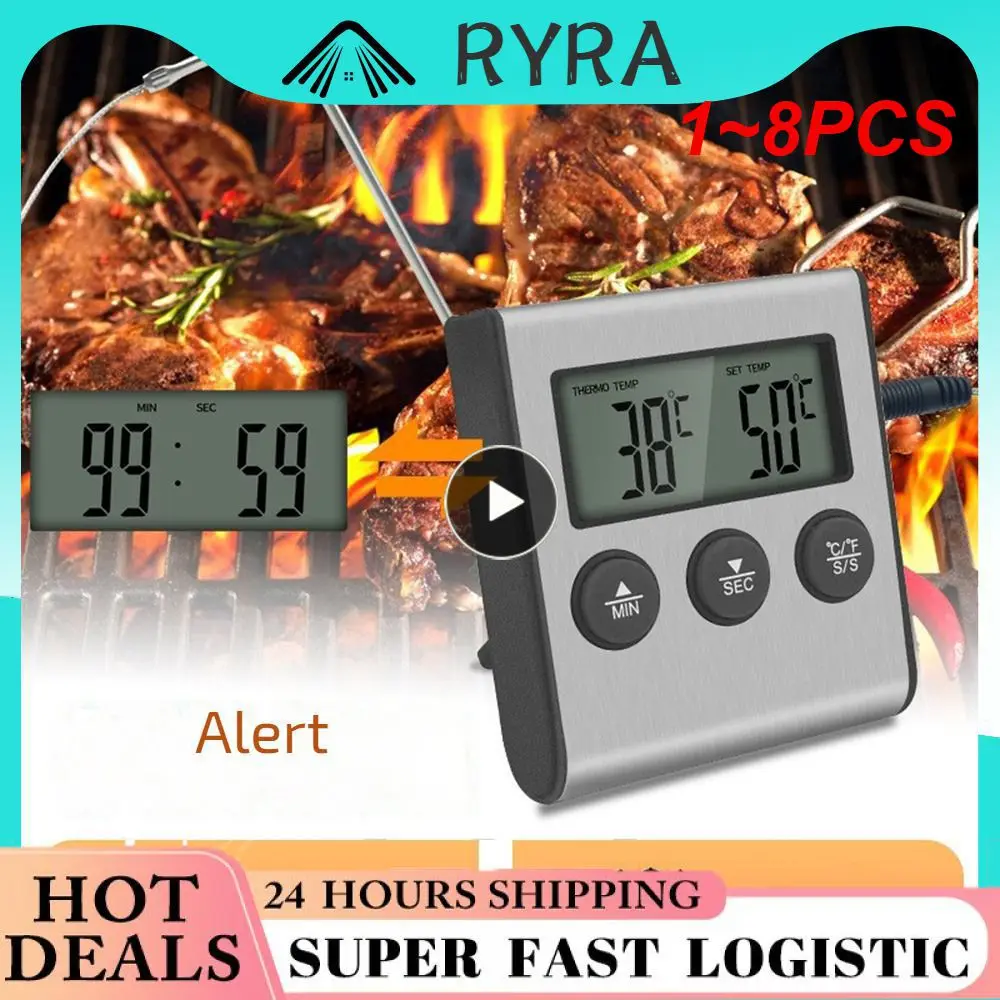 1~8PCS Mini-Cozinha de Digitas Termômetro de Cozinha a Carne de Alimentos a Temperatura do Forno Churrasqueira Função Timer com Sonda de Aço Inoxidável