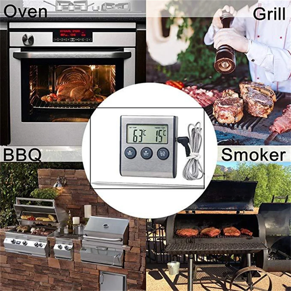 1~8PCS Mini-Cozinha de Digitas Termômetro de Cozinha a Carne de Alimentos a Temperatura do Forno Churrasqueira Função Timer com Sonda de Aço Inoxidável
