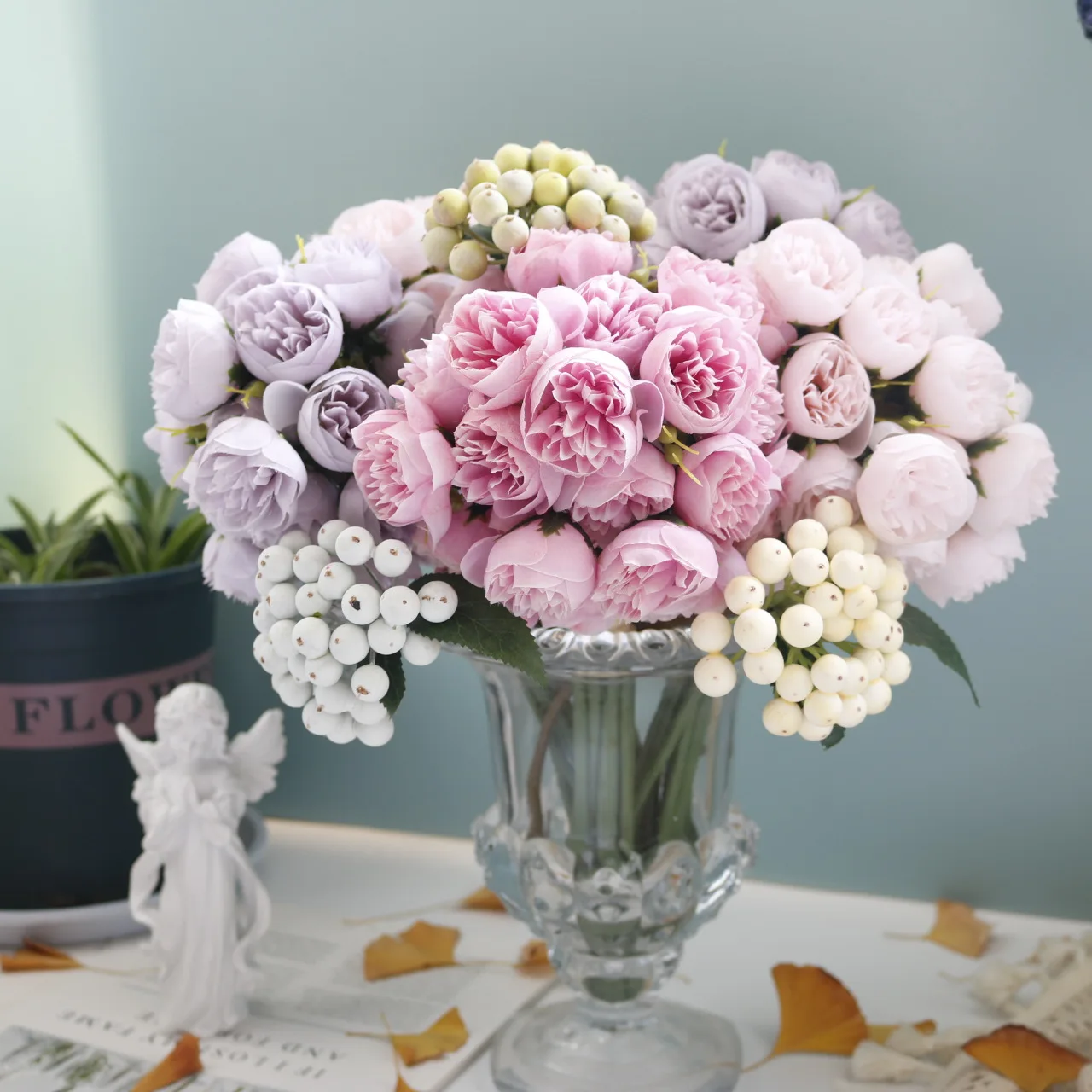 27 Cabeças Pequenas de Chá de Rosas Artificiais, Flores Falsas Flores de Seda Rosas de Casamento, Buquê de Noiva Tabela DIY Decoração de Casa Falso Flores Rosa