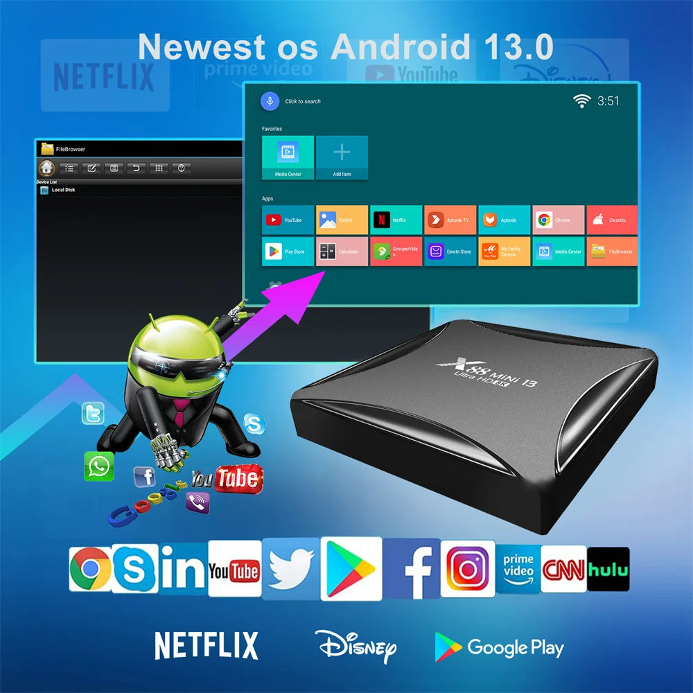 Woopker X88 Mini 13 Android 13 de 8K CAIXA de TV RockChip RK3528 4GB de 64GB Inteligente TVBox Dupla Wifi LAN 100M 2GB 16GB 32GB 8K VS H96 MAX.