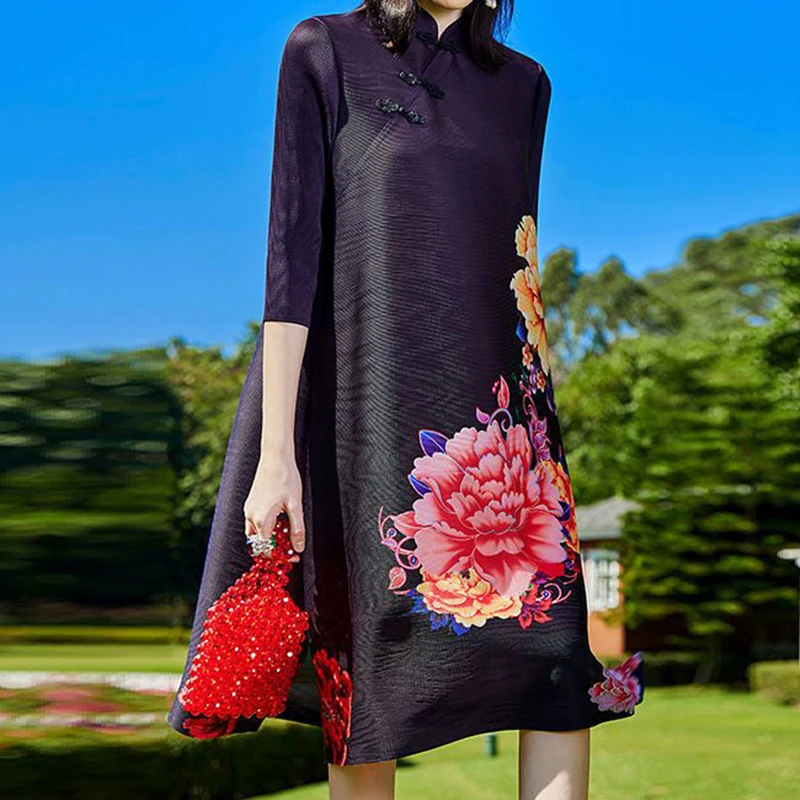 2023 Plissada Estilo Chinês de Impressão Novo Alto Estilo Vintage Grande Qipao Vestido de mulheres de roupas SOLTAS