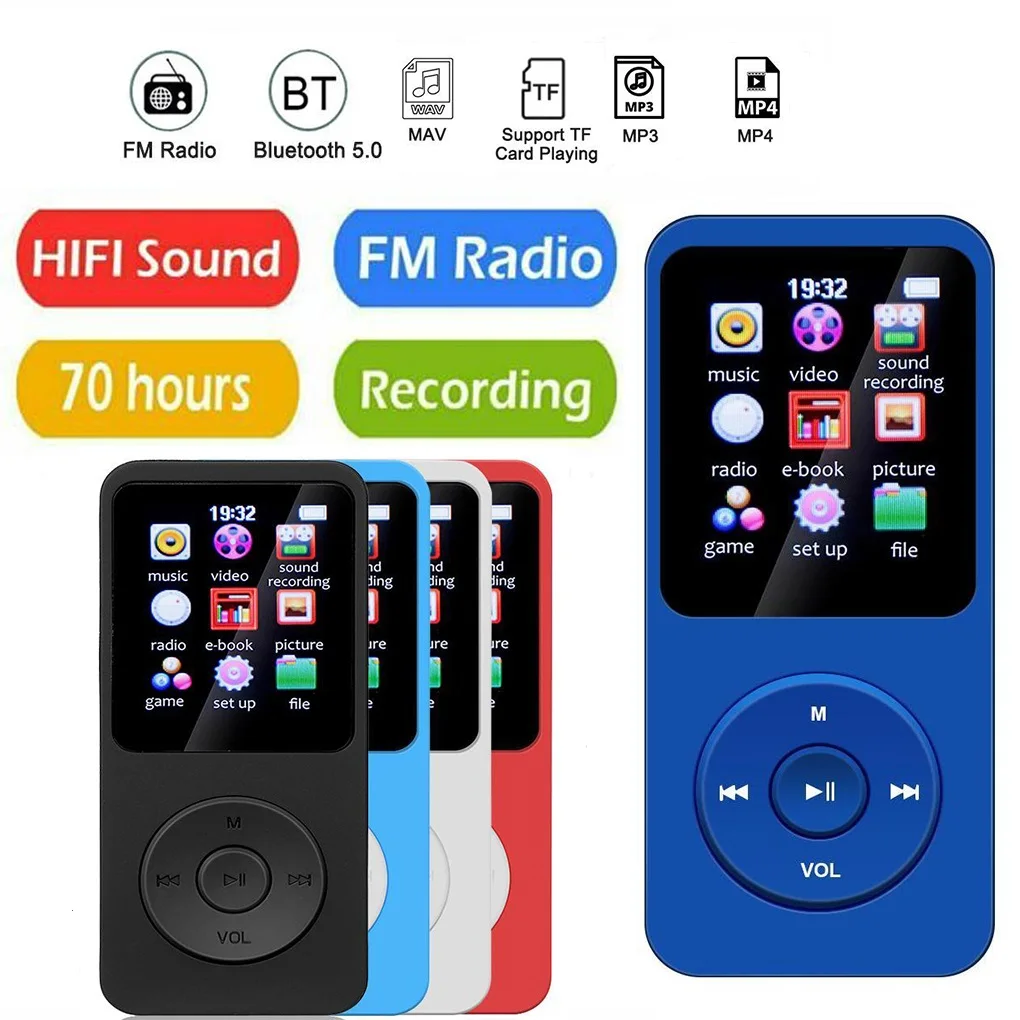 1.8 polegadas MP3 MP4 Player de Música Empurre o Botão Bluetooth 5.0 Aluno Walkman Apoio 32GB Cartão de alto-Falante Embutido de FM Rádio-Relógio