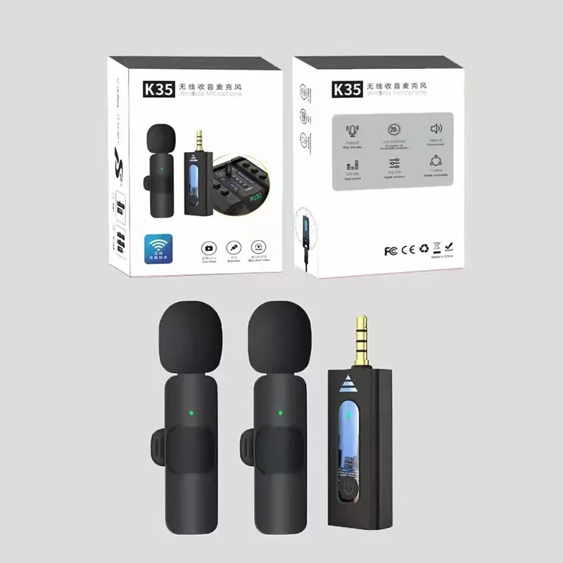 Câmera de Gravação de Vídeo sem Fio Lavalier Microfone K35 Plug Play Mic de Lapela Dupla Receptores para computador Portátil, iOS, Android, Gravador de