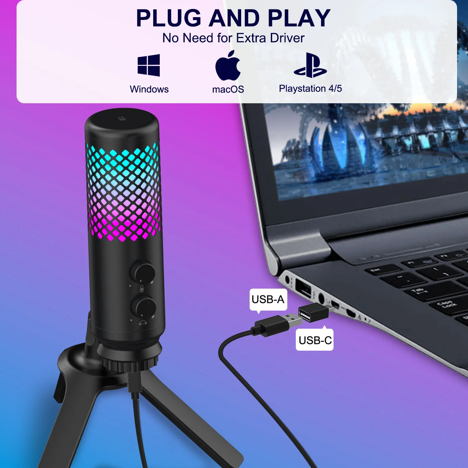 USB, RGB Jogos Microfone para PS5, VeGue PC Microfone de Condensador Ajustável com Suporte de Tripé, Rápida de Silenciar, de Não-Latência Monitor