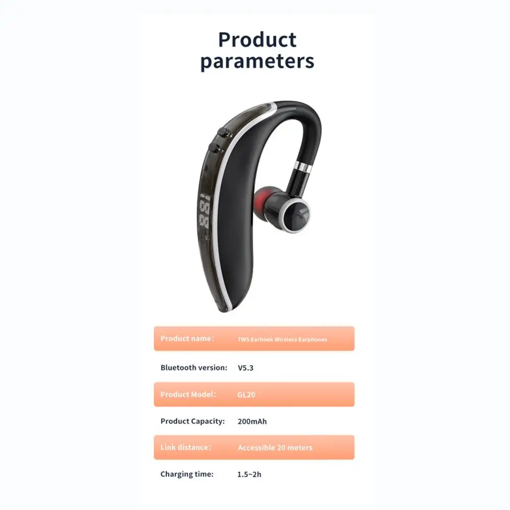 2023 Novo GL20 Bluetooth 5.3 Fone de ouvido sem Fio Unilateral Orelha Gancho do Fone de ouvido de Negócios do Esporte Redução de Ruído Fones de ouvido Com Microfone