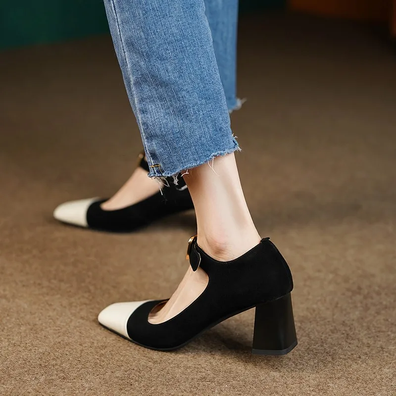 Mulher Branca Toe Salto Alto Cinto de Mary Janes Sapatos Vintage Bombas manta de Retalhos de Couro, Sapatos de Fivela de Cinta Zapatos Mujer
