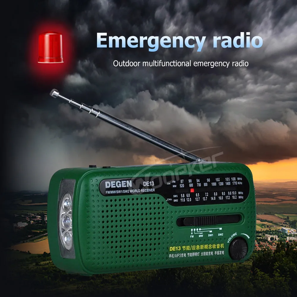 Woopker DE13 Manivela Rádio Energia Solar Banco de Tempo de Emergência NOAA FM/ MW/ SW Rádios com Lanterna LED