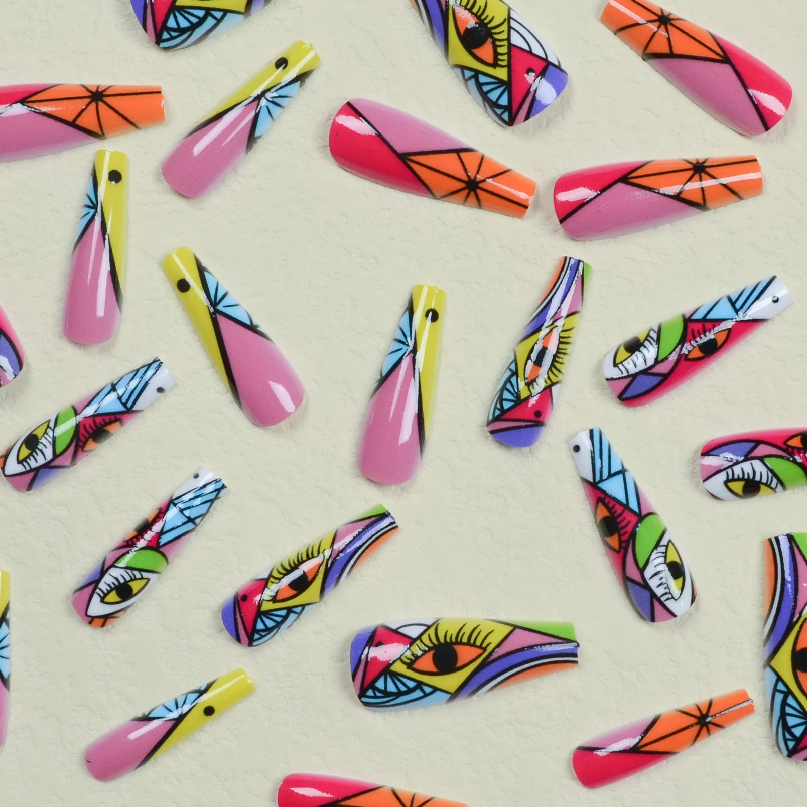 3D unhas postiças acessórios coloridos geometic olho Graffiti longa francês caixão dicas falso ongles prima em acrílico unhas falsas conjunto