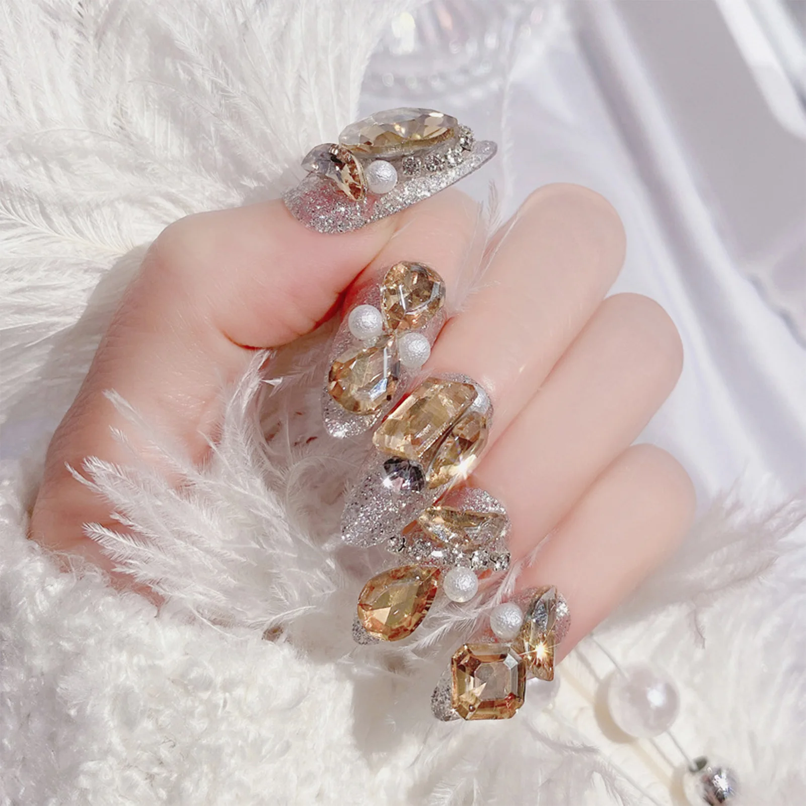 Champanhe cristal de rocha Amêndoa Falso Unhas polonês livres de Uso Durável Manicure Conjunto para Mulheres Meninas a Decoração da Arte do Prego