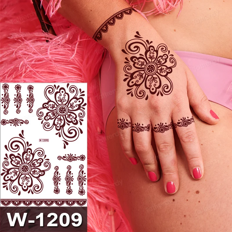 Lace Jóias Tatuagem Temporária Adesivo Impermeável Indiano Marrom Henna Tattoo Body Art Mandala Etiqueta Da Tatuagem Da Noiva Do Casamento De Flor