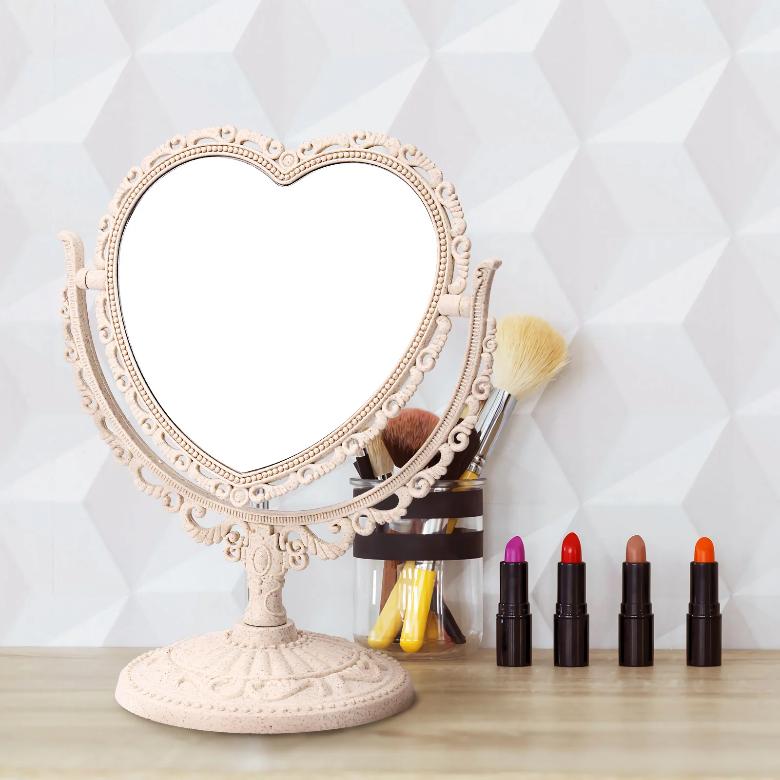 1pc em Forma de Coração Espelho da Vaidade de Mesa Dupla Face do Espelho Giratório Espelho de maquilhagem Secretária de Espelho