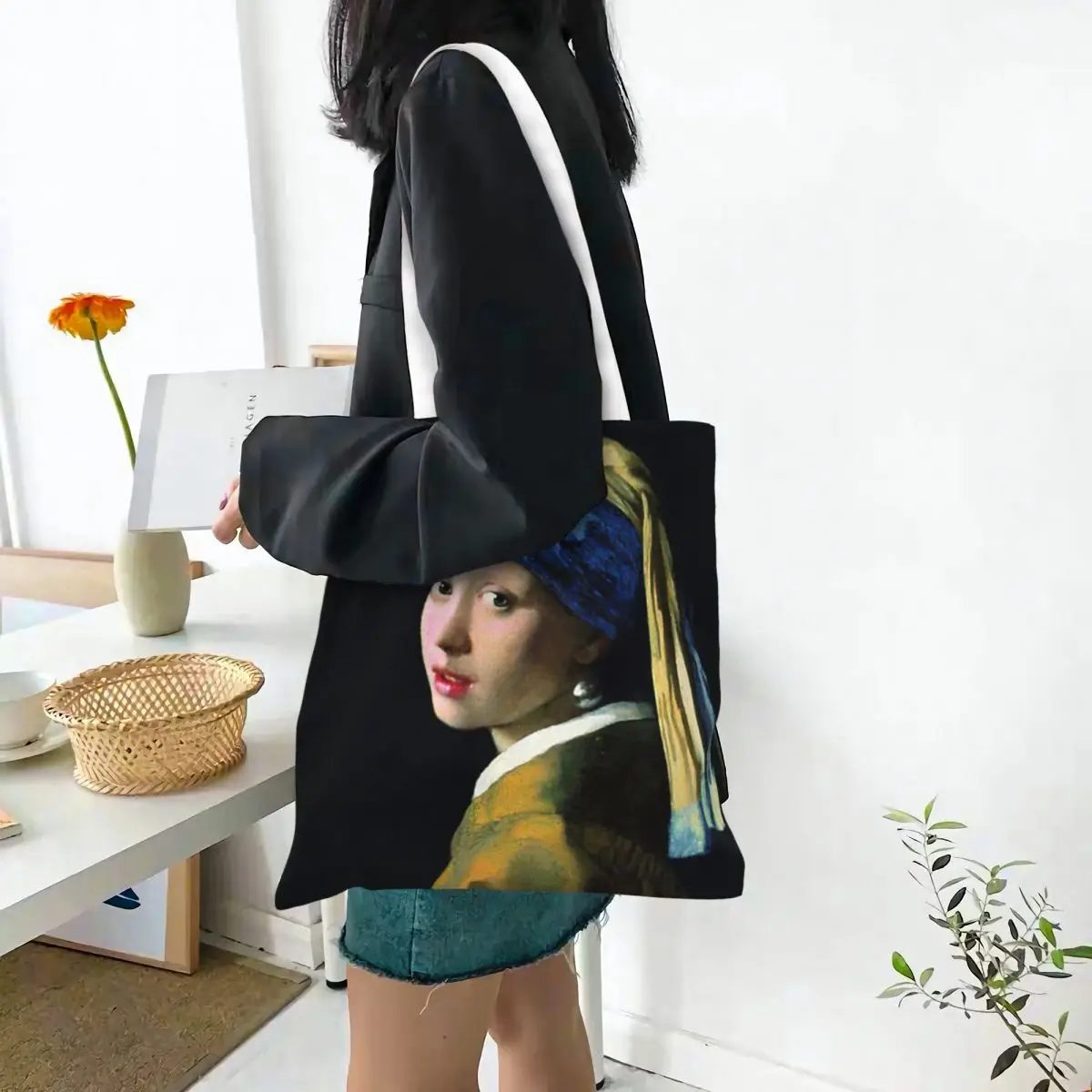 um Vermeer Moça Com Brinco de Pérola Saco de Shopping da Lona A Tote Bag Sacos de Compras Dobrável Mulheres de Ombro Tote Bolsa de Viagem